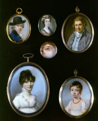 Miniaturas de retratos, de Izq a Der y de Arr a Abj: Sir Thomas Terney; Mujer Desconocida; William Alton; Retrato de un Ojo; Mujer Desconocida (1750-1829); Niña Desconocida por J.C.D. Engleheart (1784-1862)